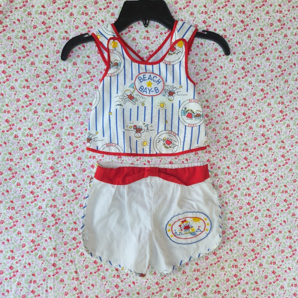 Vtg 80s Beach Bay-B Toddler 3T Shorts Tank Top Set Striped Nautical Red Blue